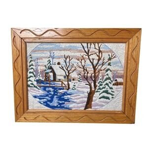 Vintage Crewel Yarn Embroidered Winter Scene Cabin River Framed Wall Art 20x15